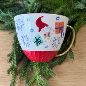 Anthropologie Emily Isabella Santa Christmas Holiday Spirit Mug Gold Handle